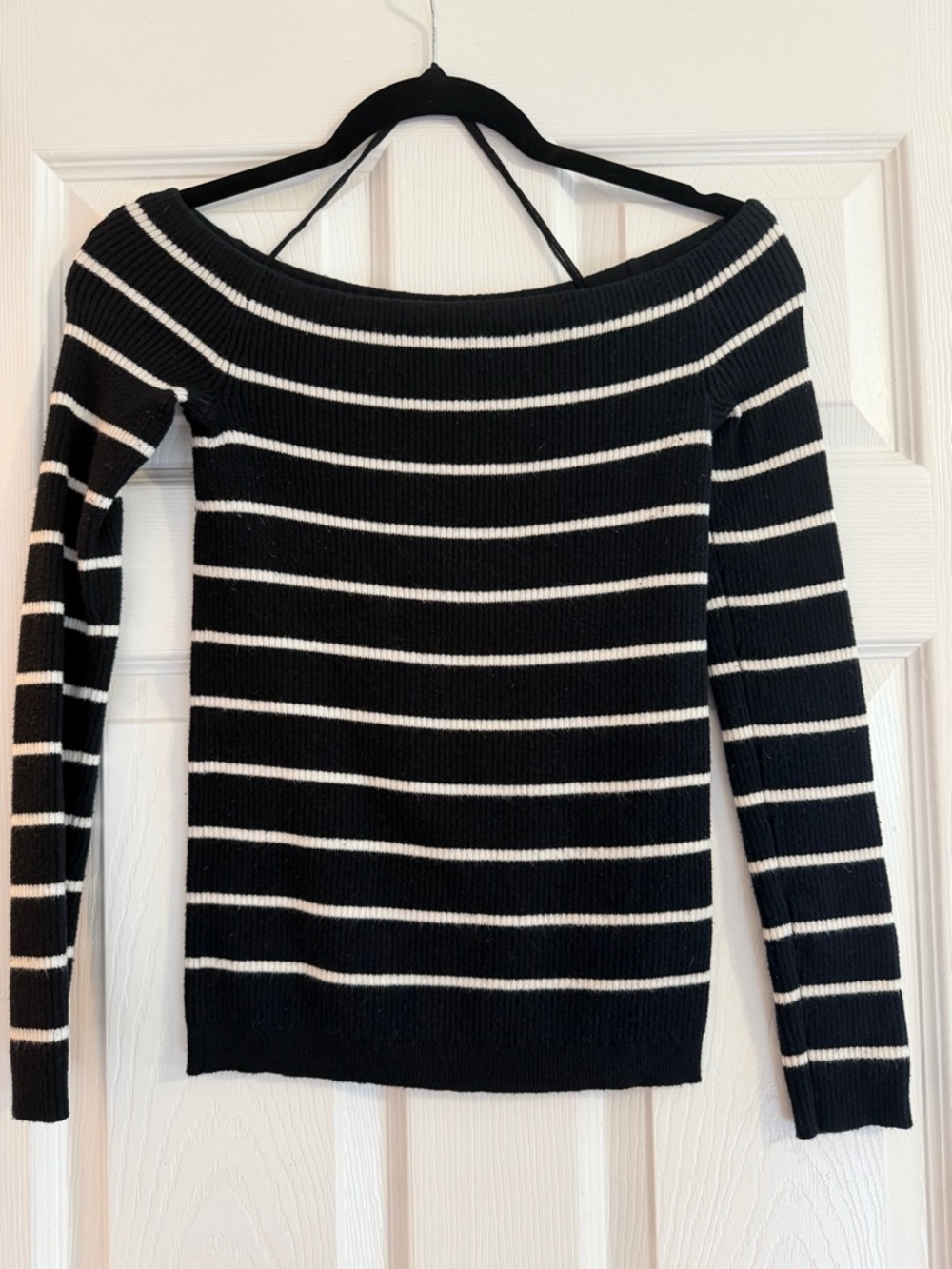 American Eagle Outfitters Black and White Striped Off-the-Shoulder Sweater